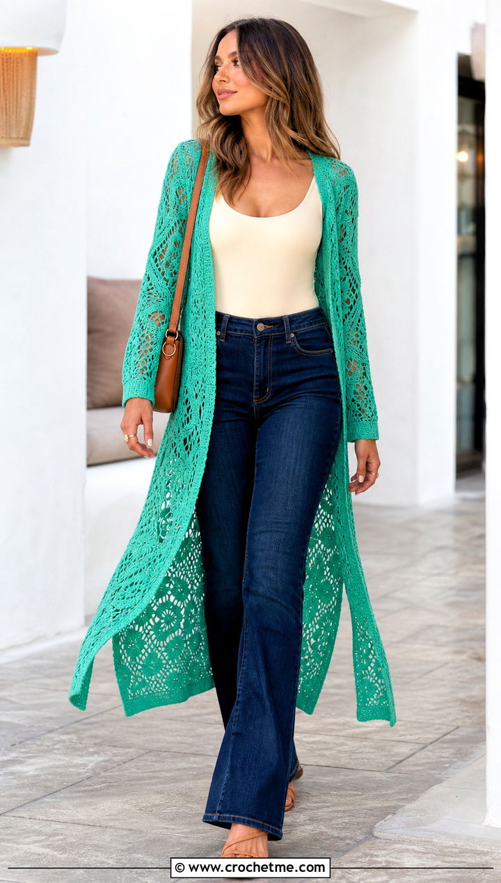Lace Crochet Duster With Bodysuit And Jeans - 35 whimsical crochet clothes and outfit ideas