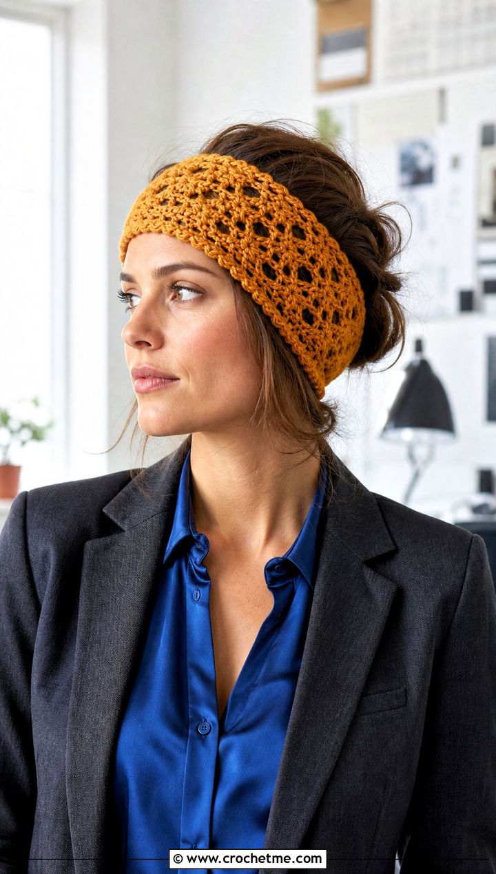 Lace Crochet Ear Warmer With Satin Shirt and Tailored Pants - 25 Simple Crochet Ear Warmer outfit ideas