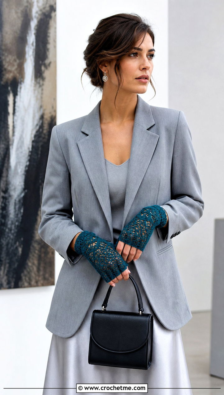 Lace Crochet Fingerless Gloves With Blazer And Midi Skirt - 25 Simple Crochet Fingerless Gloves outfit ideas