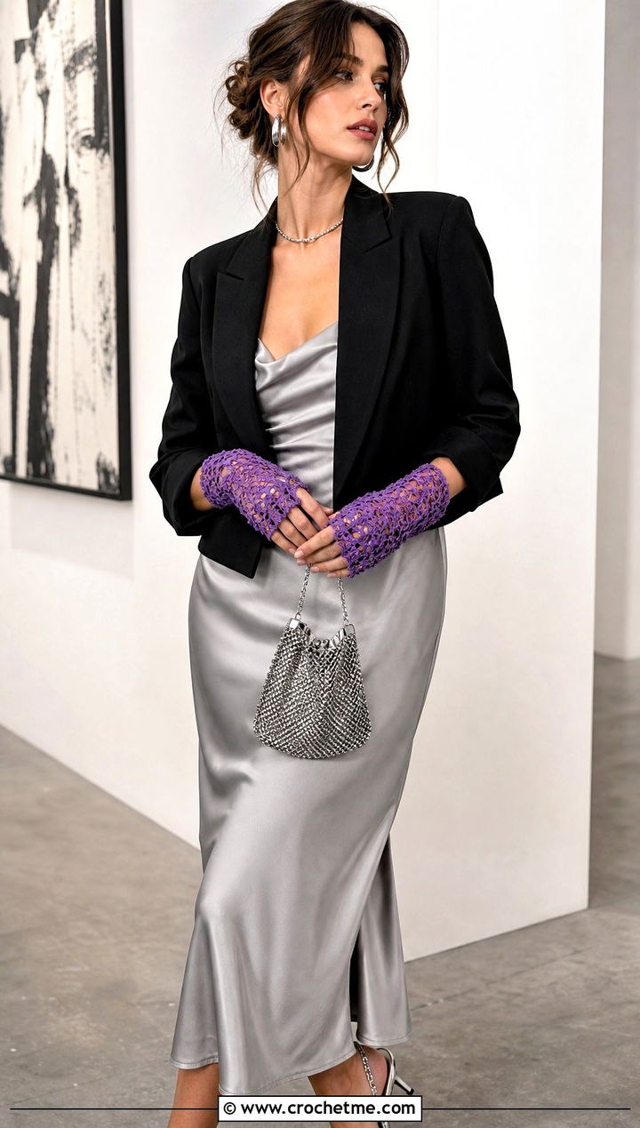 Lace Crochet Fingerless Mittens With Satin Midi Dress - 25 crochet fingerless mittens outfit ideas