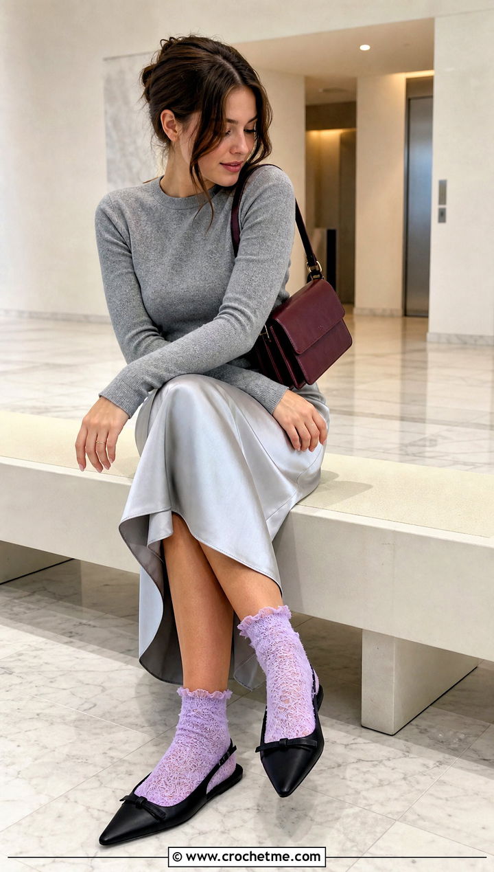 Lace Crochet Fluffy Ankle Socks With Satin Midi Skirt - 25 Crochet Fluffy Socks outfit ideas