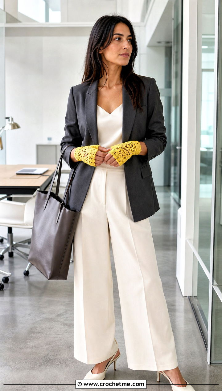 Lace Crochet Half Gloves With Blazer And Trousers - 30 crochet half gloves fingerless mitts outfit ideas