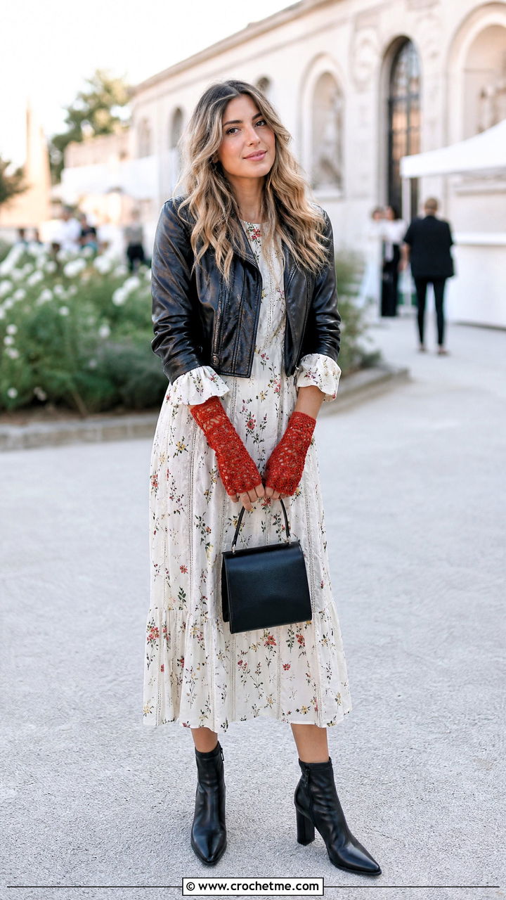 Lace Crochet Handwarmers With Floral Midi Dress - 35 Crochet Handwarmer outfit ideas