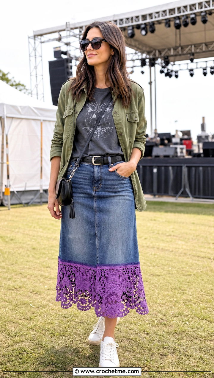 Lace Crochet Hem Denim Skirt With Graphic Tee - 30 denim crochet skirt outfit ideas