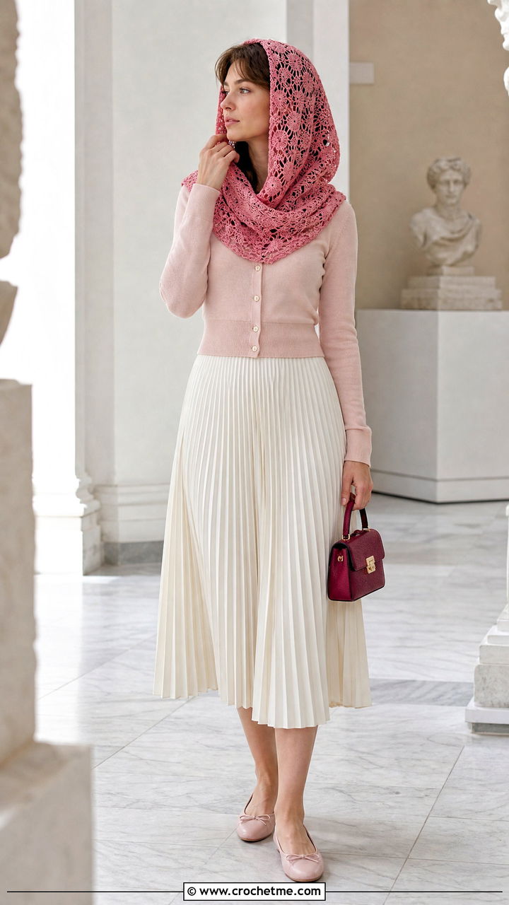 Lace Crochet Hooded Cowl With Pleated Midi Skirt - 35 crochet hooded cowl outfit ideas
