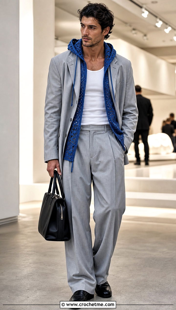 Lace Crochet Hoodie With Tailored Suit - 35 crochet hoodie for men outfit ideas