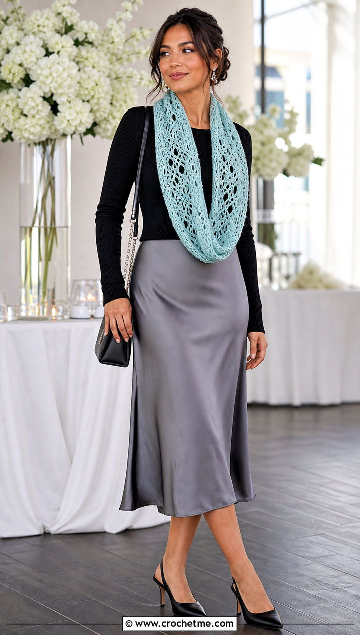Lace Crochet Infinity Scarf With Satin Midi Skirt - 15 One Skein Crochet Infinity Scarf outfit ideas
