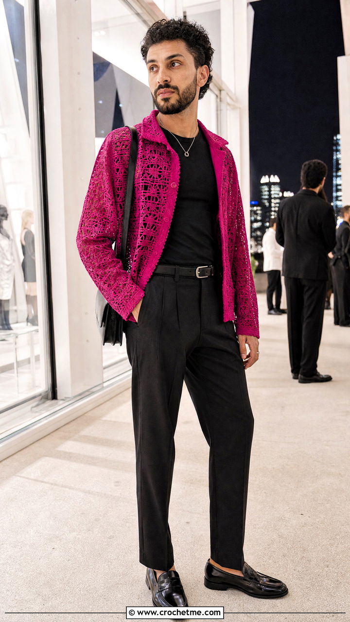 Lace Crochet Jacket With Tailored Black Pants - 35 crochet jacket for men outfit ideas