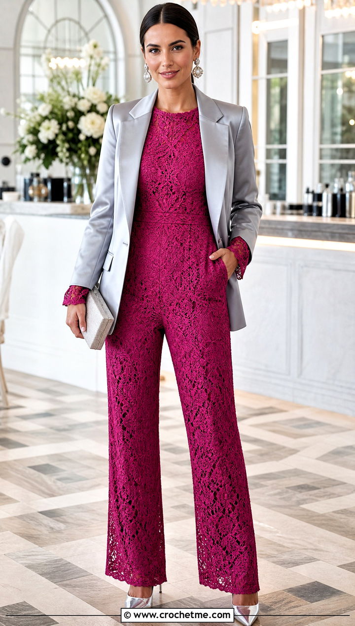 Lace Crochet Jumpsuit With Satin Blazer - 30 Women Crochet Jumpsuit outfit ideas
