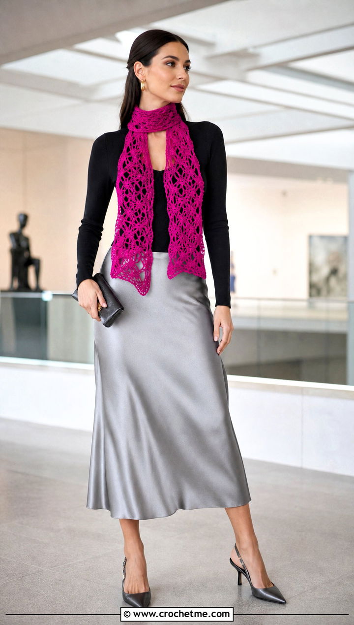 Lace Crochet Keyhole Scarf With Satin Midi Skirt - 35 crochet keyhole scarf outfit ideas