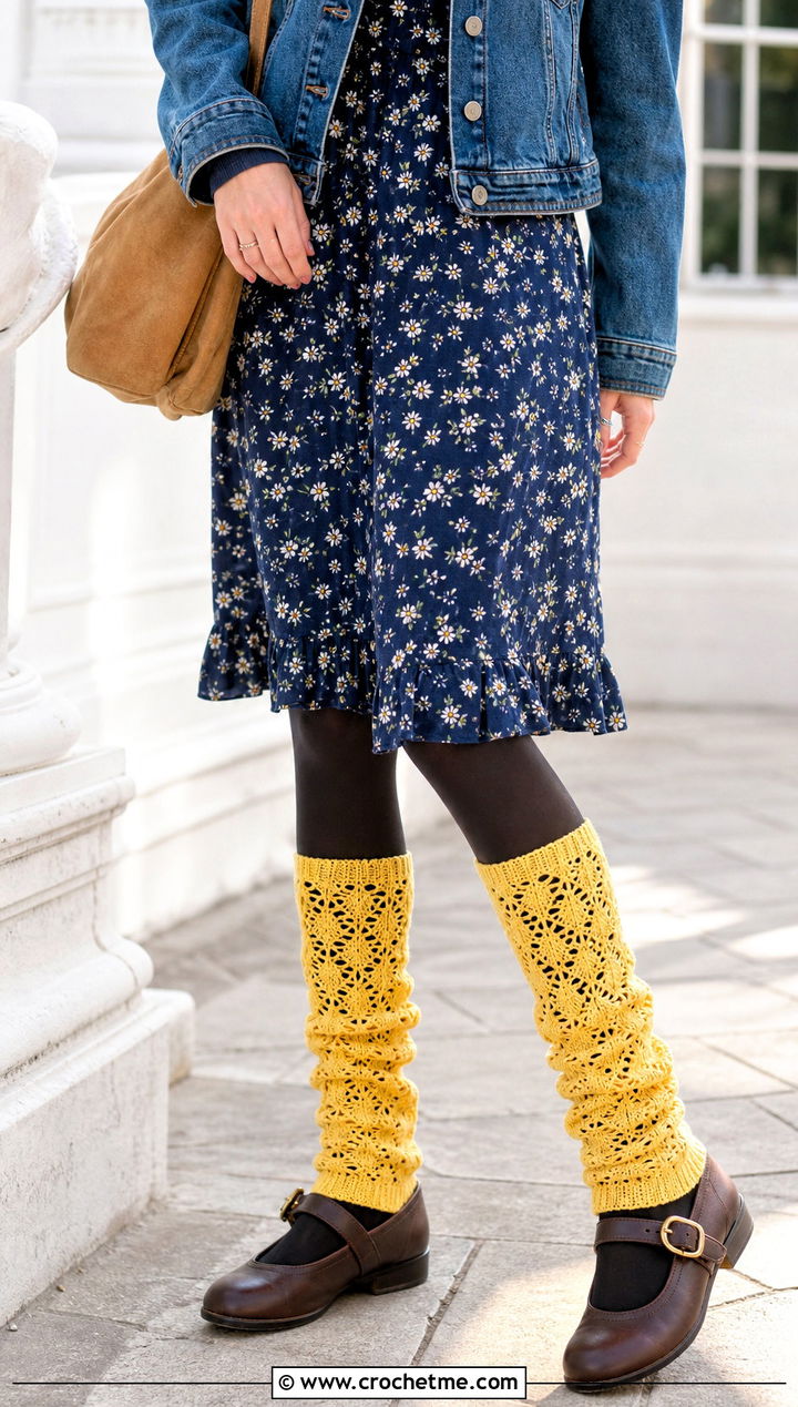 Lace Crochet Leg Warmers With Floral Midi Dress - 30 crochet leg warmers ideas