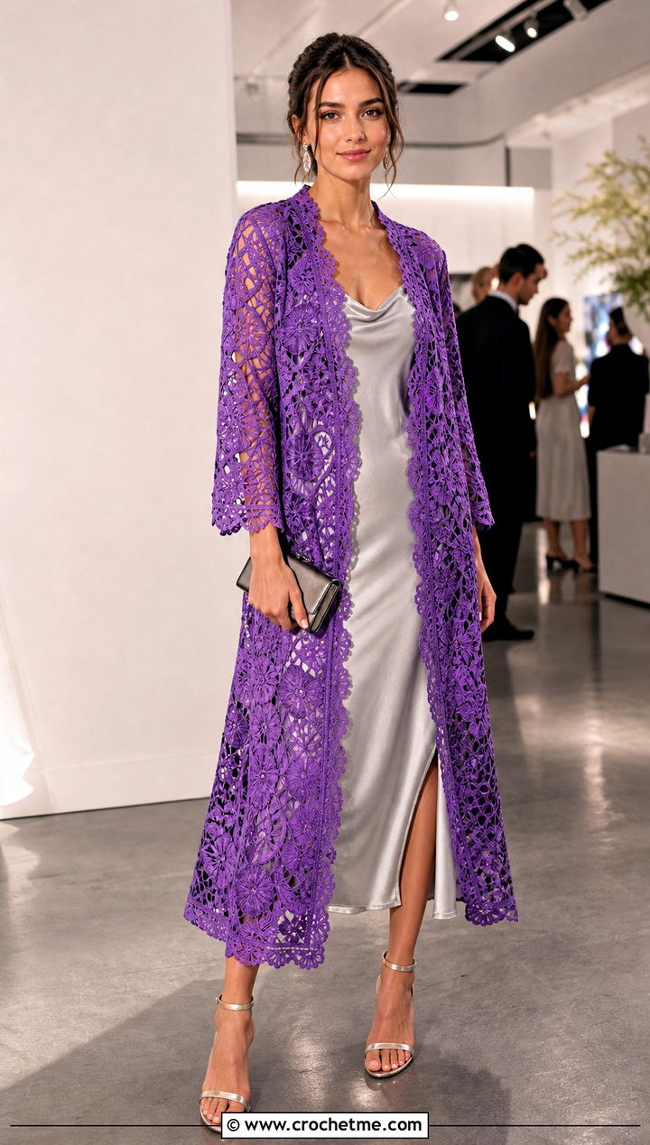 Lace Crochet Long Jacket With a Satin Slip Dress - 35 crochet long jacket outfit ideas
