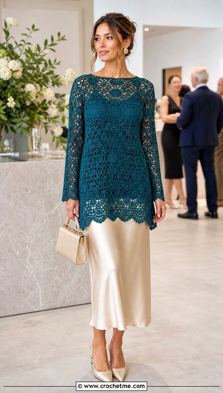 Lace Crochet Long Sleeve Tunic With Satin Midi Skirt - 15 Crochet Long Sleeve Tunic outfit ideas
