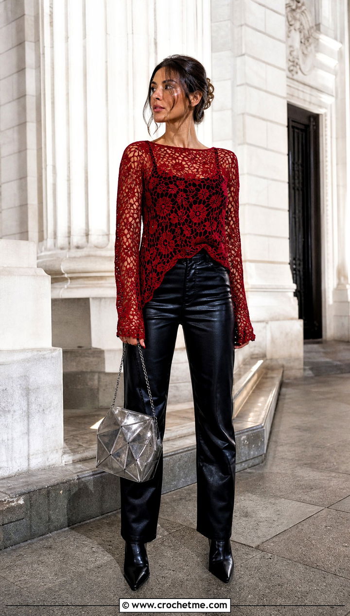 Lace Crochet Long Sleeved Top With Leather Pants - 25 Crochet Long Sleeved Top outfit ideas