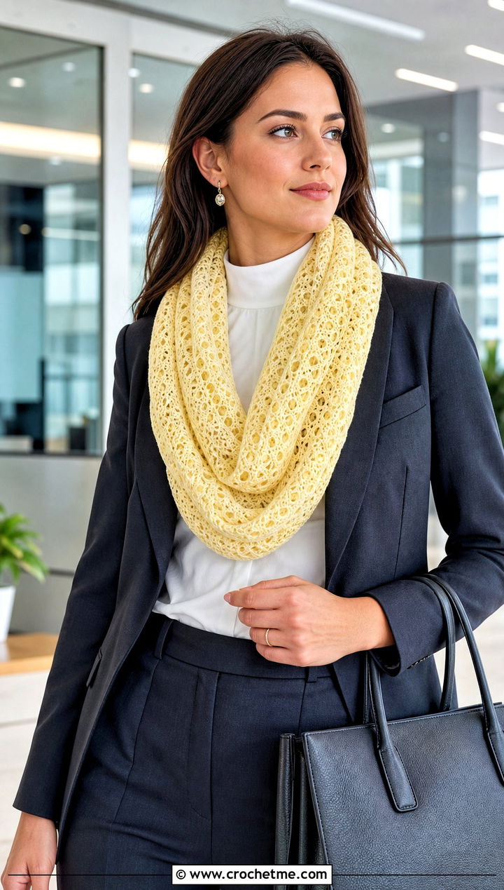 Lace Crochet Loop Scarf With Blazer And Trousers - 20 Crochet Loop Scarf outfit ideas