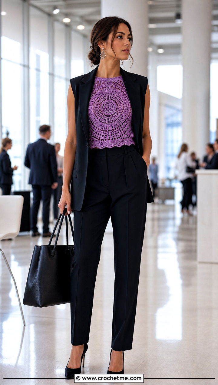 Lace Crochet Mandala Top With Suit Vest And Trousers - 35 crochet mandala top outfit ideas