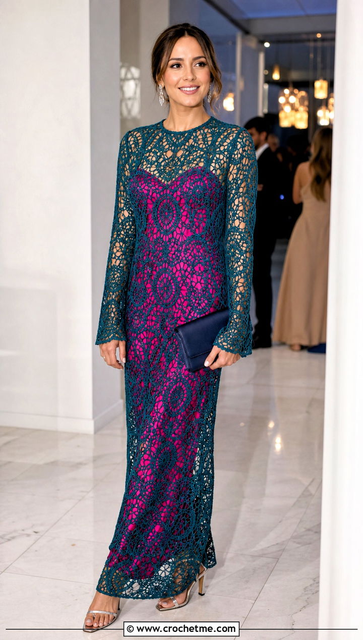 Lace Crochet Maxi Dress With Satin Slip - 35 long sleeve crochet dress outfit ideas