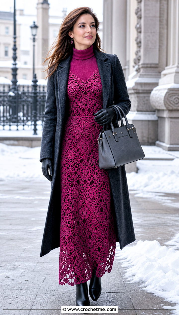 Lace Crochet Maxi Dress With Wool Coat And Boots - 15 Crochet Ladies Dress outfit ideas
