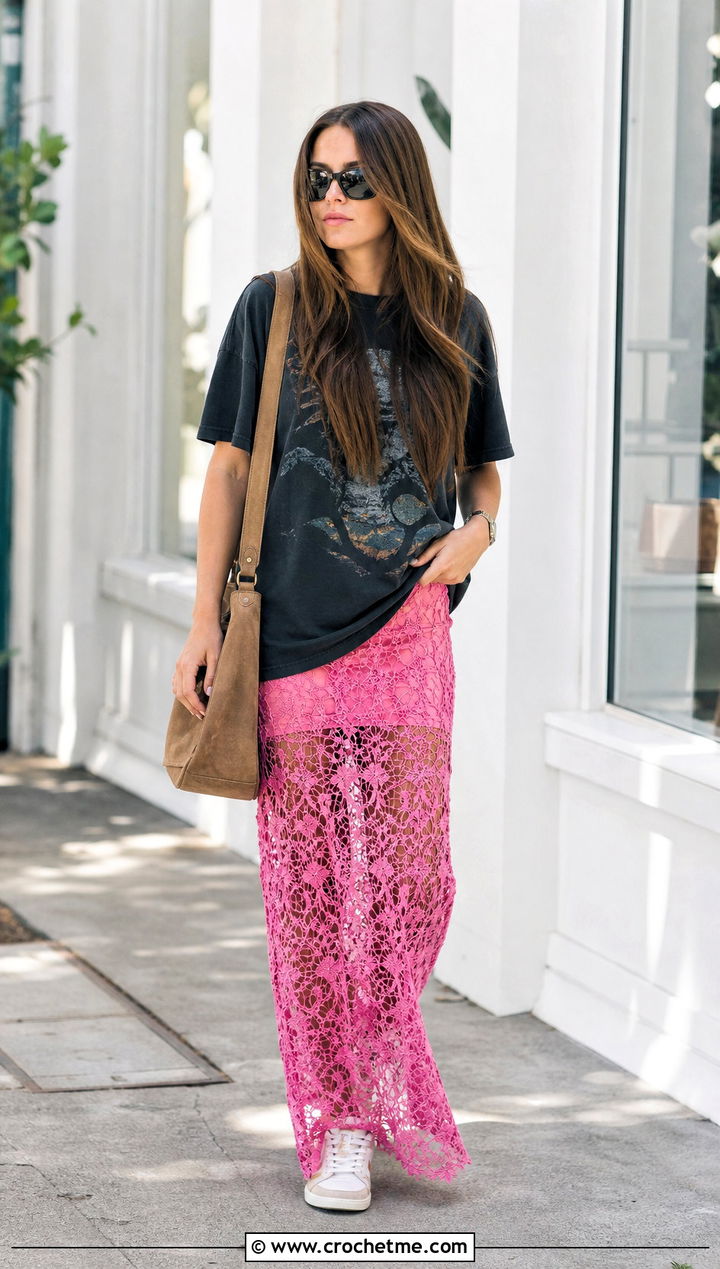 Lace Crochet Maxi Skirt With Graphic T Shirt - 25 Boho Crochet Skirt outfit ideas