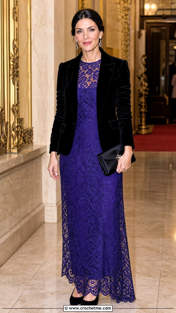 Lace Crochet Maxi Winter Dress With Velvet Blazer - 35 crochet winter dress outfit ideas