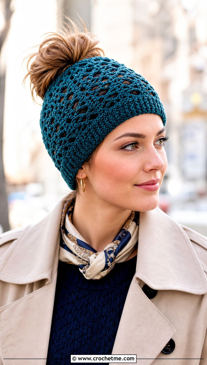 Lace Crochet Messy Bun Hat With Elastic And Trench Coat - 25 Crochet Messy Bun Hat With Elastic outfit ideas