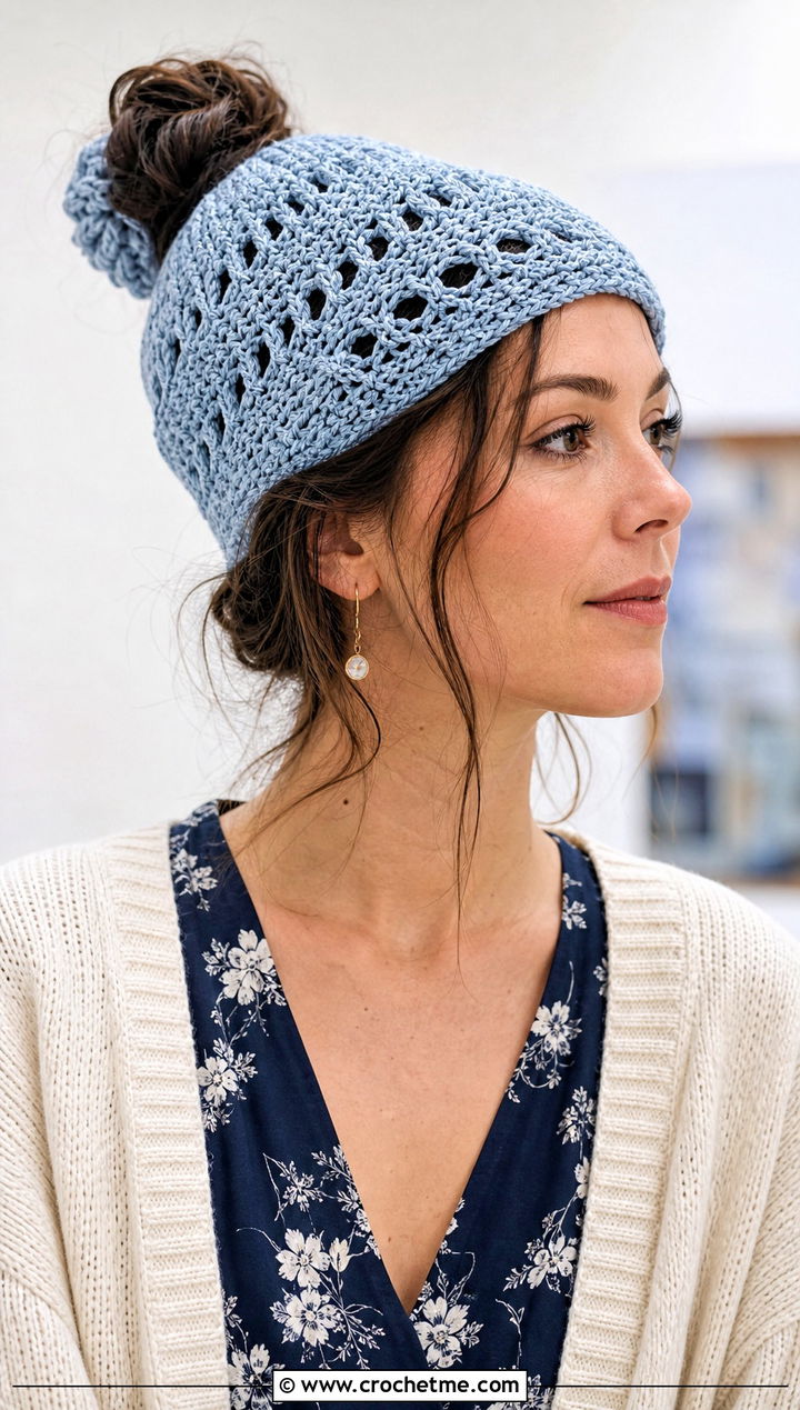 Lace Crochet Messy Bun Hat With Floral Midi Dress - 15 Easy Crochet Messy Bun Hat outfit ideas