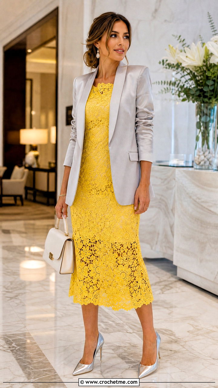 Lace Crochet Midi Dress With Satin Blazer - 35 crochet formal dress outfit ideas