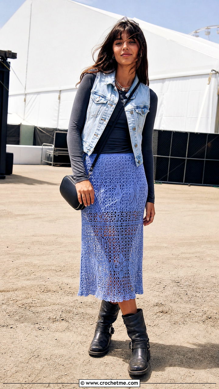 Lace Crochet Midi Skirt With Motorcycle Boots - 35 crochet midi skirt outfit ideas