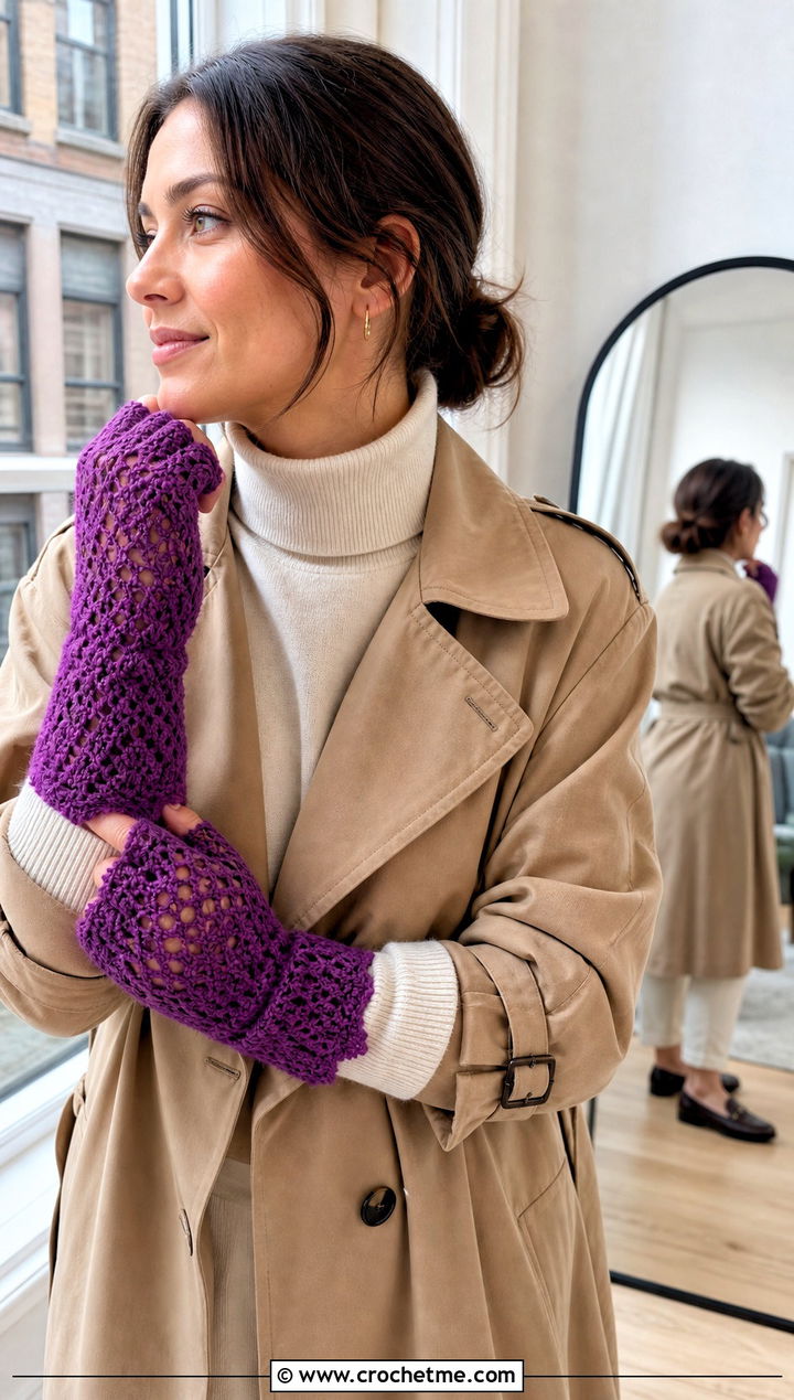 Lace Crochet Mittens With Trench Coat - 30 crochet hand mittens outfit ideas