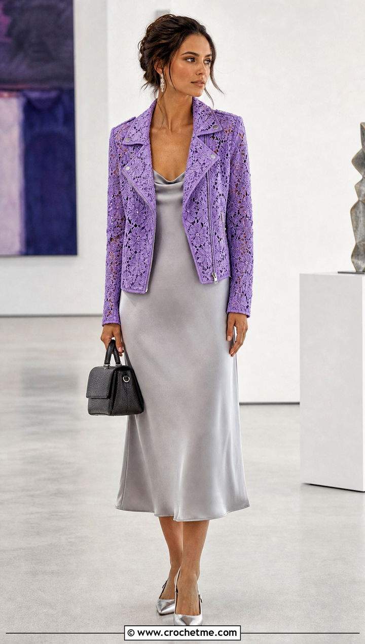 Lace Crochet Moto Jacket With Slip Dress - 15 Crochet Moto Jacket outfit ideas