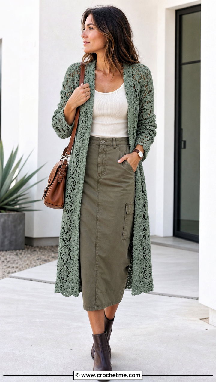Lace Crochet One Piece Cardigan With Utility Skirt - 30 crochet one piece cardigan outfit ideas