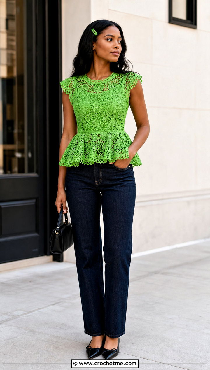 Lace Crochet Peplum Top With Straight Leg Jeans - 35 Kawaii Crochet Clothes and outfit ideas