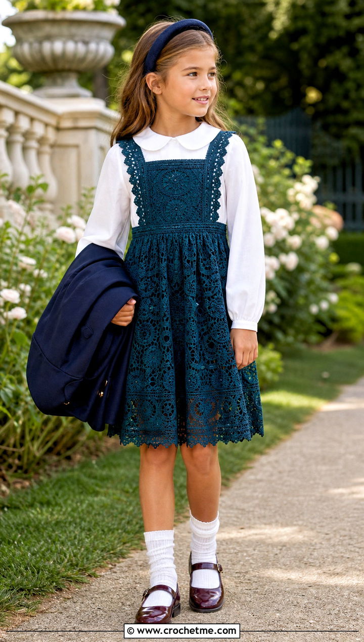 Lace Crochet Pinafore Dress With Peter Pan Blouse - 15 Crochet Childs Dress outfit ideas