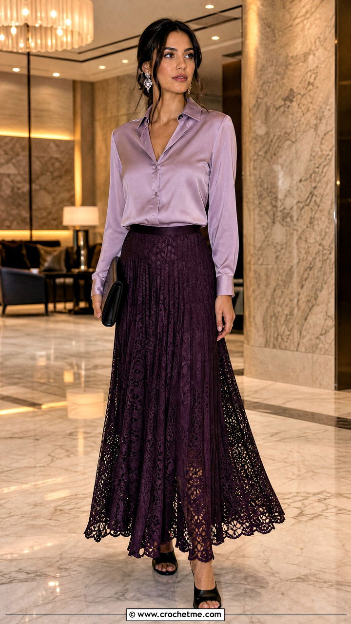 Lace Crochet Pleated Maxi Skirt With Silk Shirt - 35 crochet pleated skirt outfit ideas