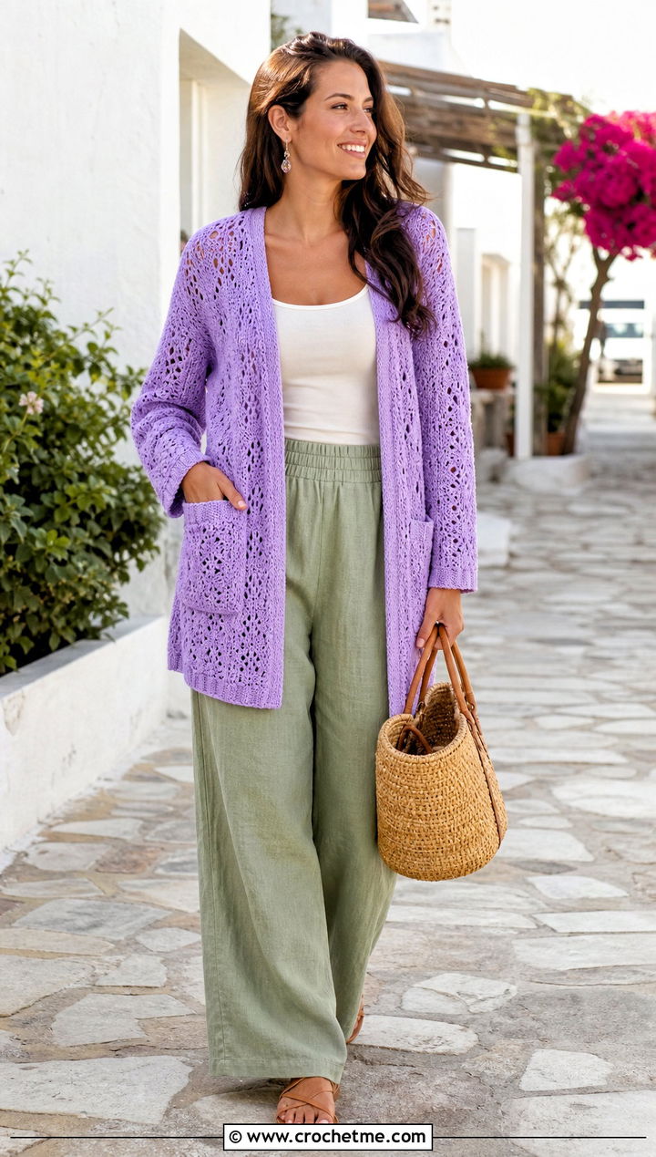 Lace Crochet Pocket Cardigan With Linen Pants - 25 crochet sweater with pockets outfit ideas