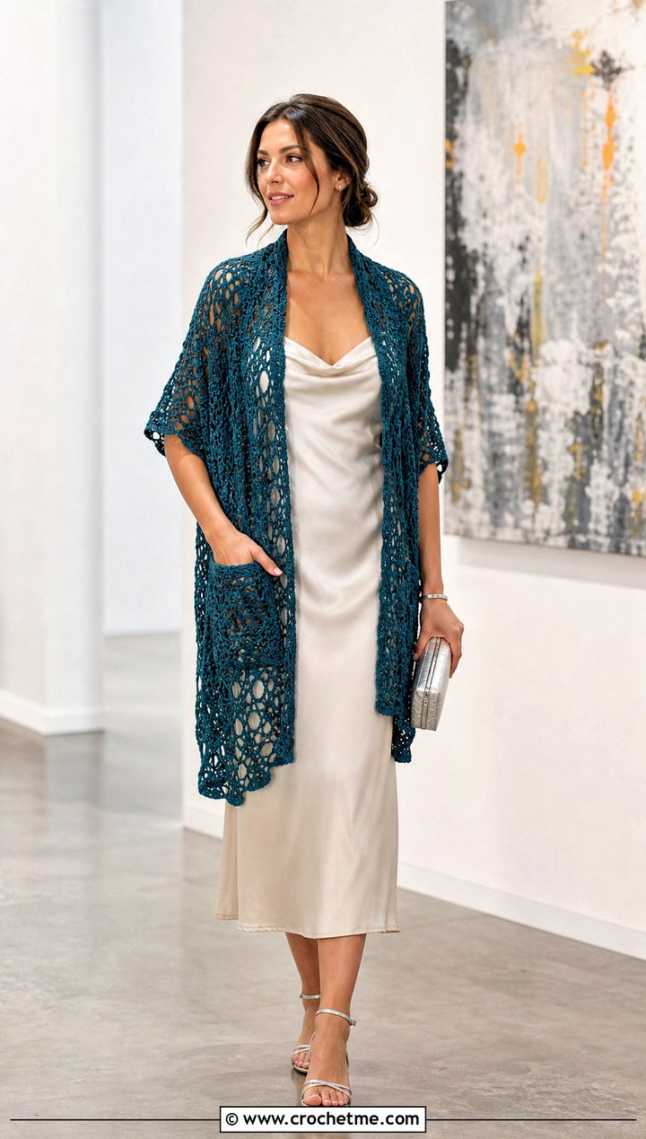 Lace Crochet Pocket Shawl With Slip Dress - 25 Easy Crochet Shawl With Pockets outfit ideas