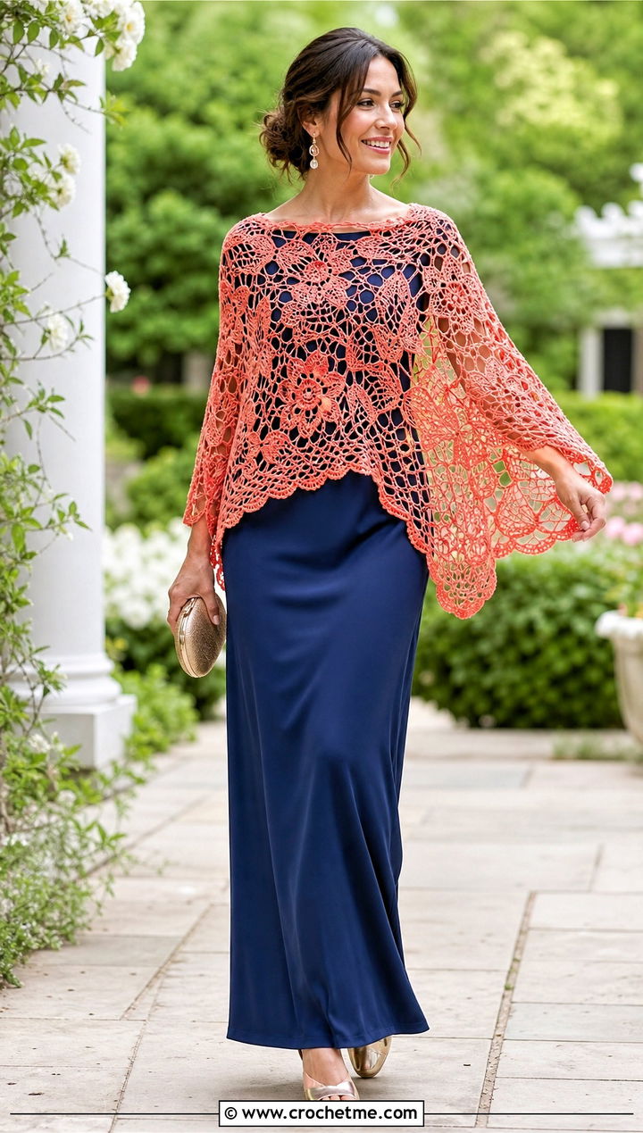 Lace Crochet Poncho Shawl With Column Maxi Dress - 20 crochet poncho shawl outfit ideas