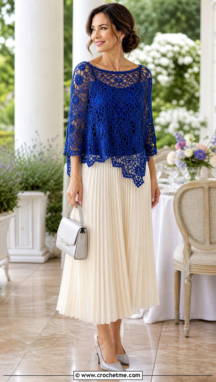 Lace Crochet Poncho With A Midi Skirt - 15 Easy Crochet Ponchos outfit ideas