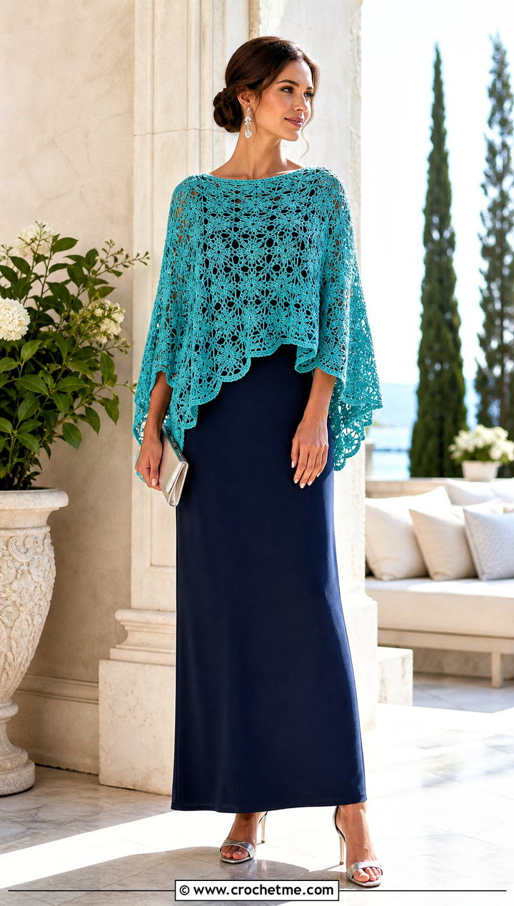 Lace Crochet Poncho With Column Dress - 15 diy crochet poncho outfit ideas