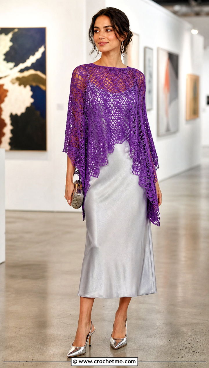 Lace Crochet Poncho With Satin Slip Dress - 15 Crochet For Ponchos For Women outfit ideas