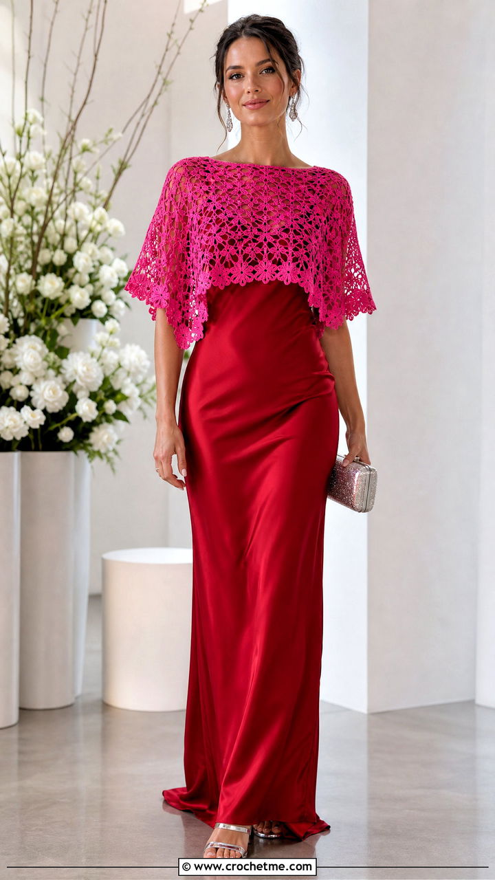 Lace Crochet Poncho With Satin Slip Dress - 35 crochet ponchos outfit ideas