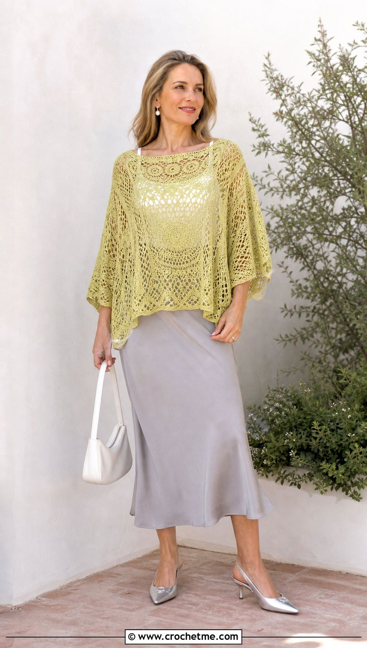 Lace Crochet Poncho With Sleeves And Bias Cut Skirt - 30 crochet poncho with sleeves outfit ideas