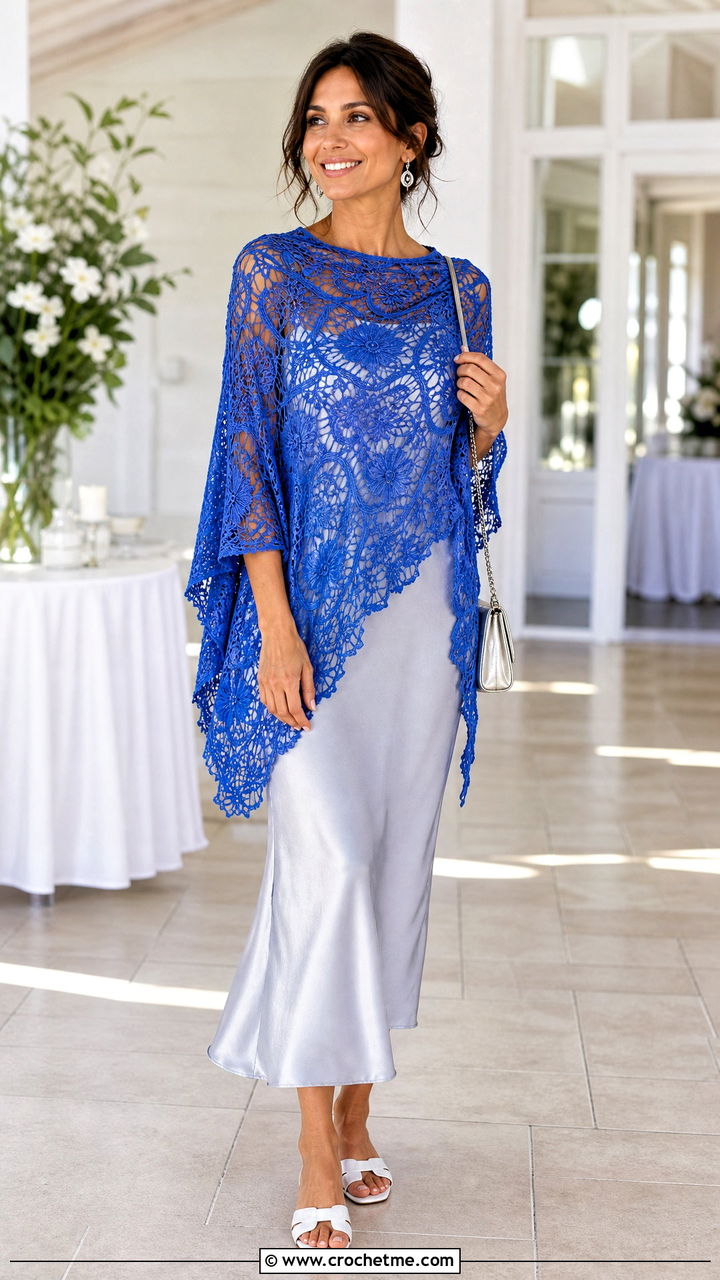 Lace Crochet Poncho With Slip Dress - 35 easy crochet poncho woman outfit ideas