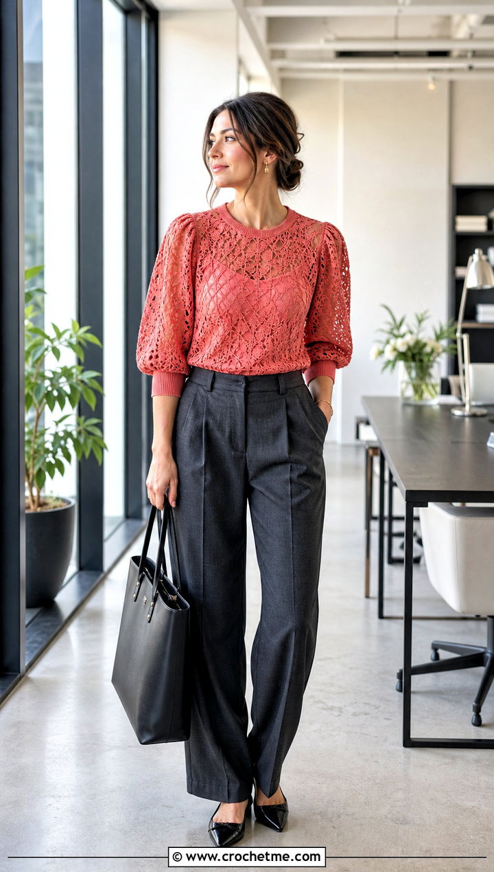Lace Crochet Puff Sleeve Sweater With Suit Pants - 25 Crochet Puff Sleeve Sweater outfit ideas
