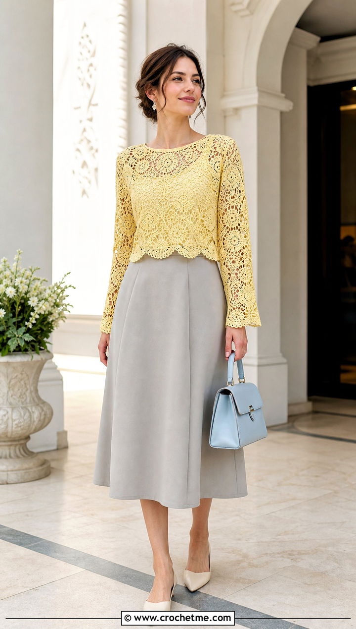 Lace Crochet Pullover With A Tailored Midi Skirt - 15 Crochet For Ladies Sweaters outfit ideas