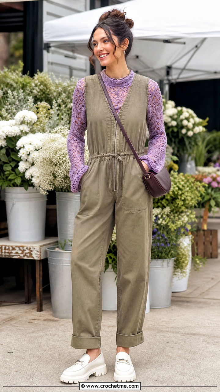 Lace Crochet Pullover With Utility Jumpsuit - 35 crochet pullover outfit ideas