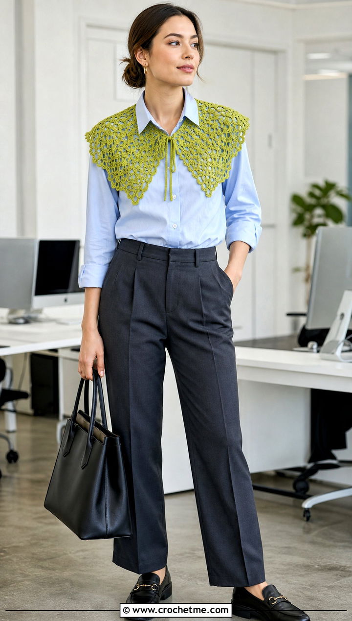 Lace Crochet Sailor Collar With Button Down Shirt And Trousers - 30 crochet sailor collar outfit ideas