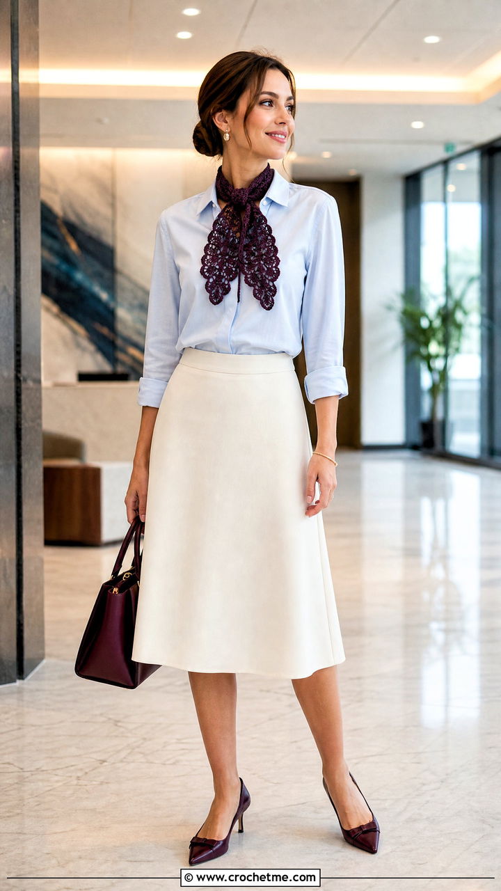 Lace Crochet Scarf With Button Down Shirt And Midi Skirt - 35 simple crochet scarf outfit ideas