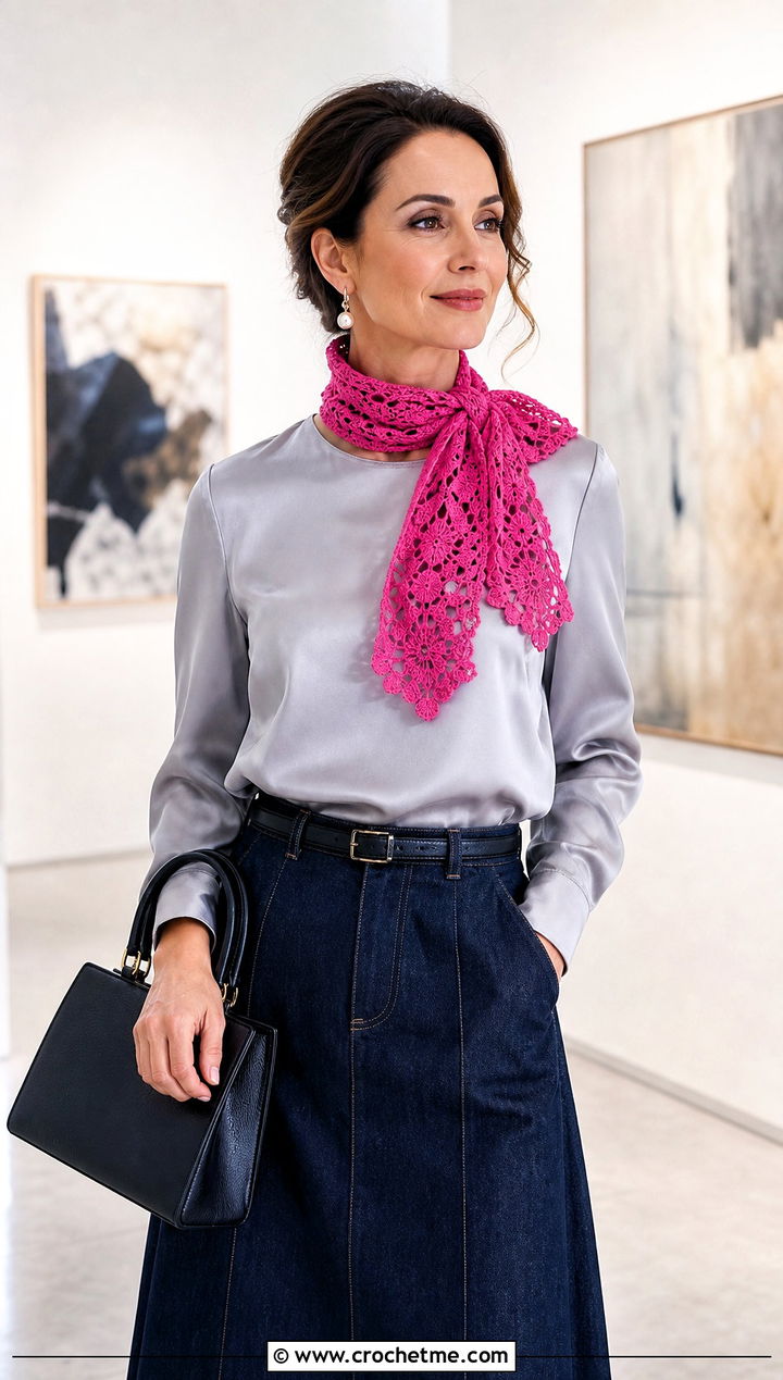 Lace Crochet Scarf With Dark Denim Midi Skirt - 25 denim and crochet scarf outfit ideas
