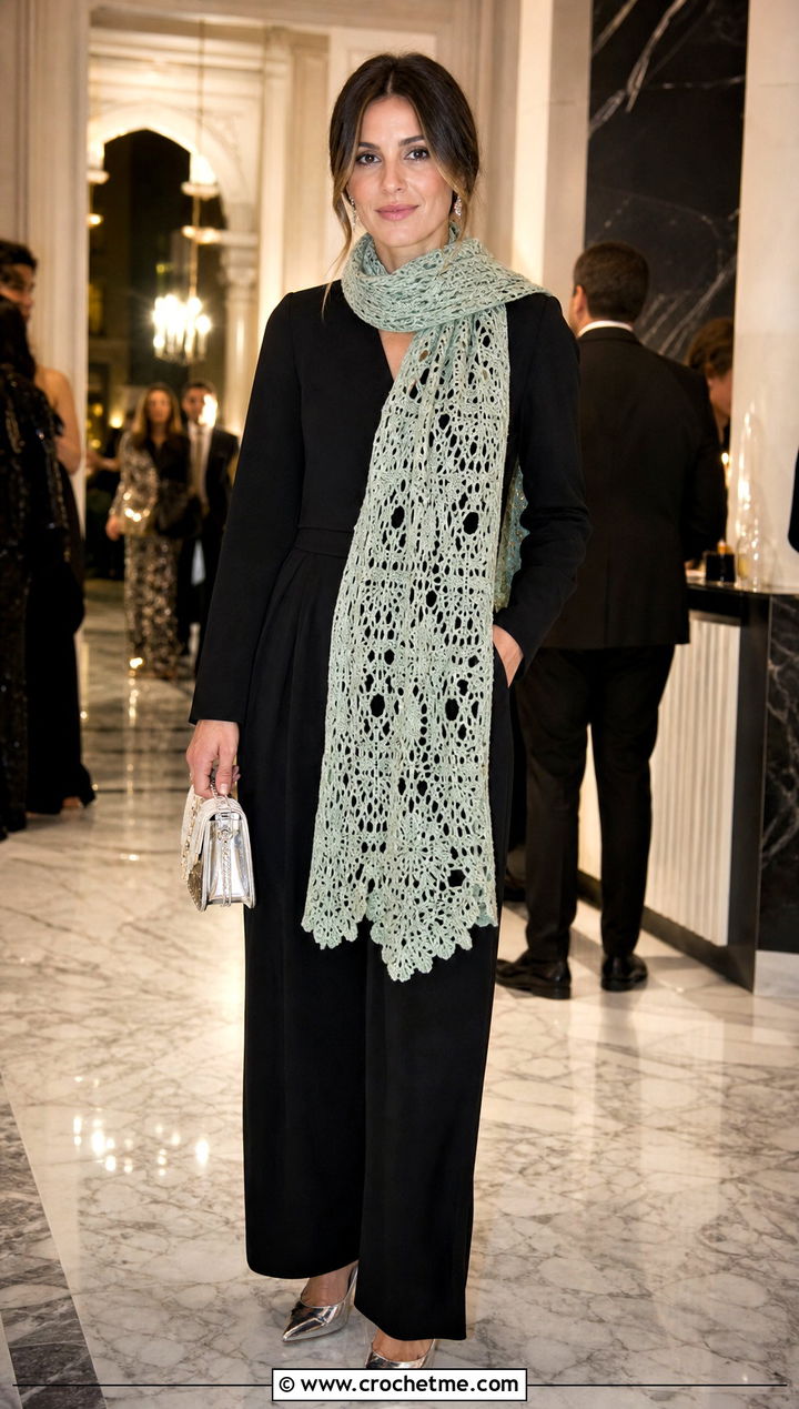 Lace Crochet Scarf With Evening Jumpsuit - 35 Winter Crochet Scarfs For Women outfit ideas